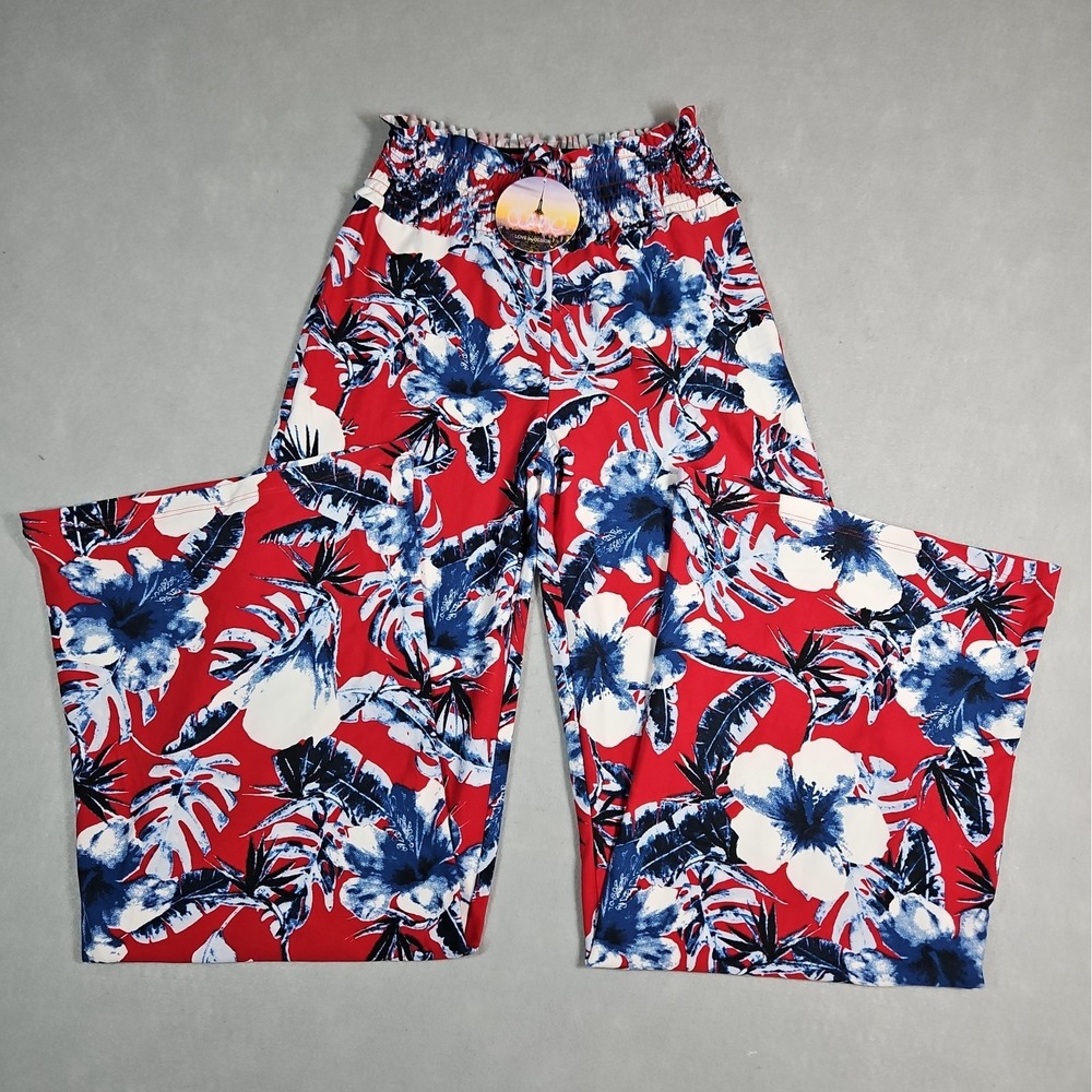 Love By Design Juniors Red Blue Floral Wide Leg Pull On Pants Size Small NWT